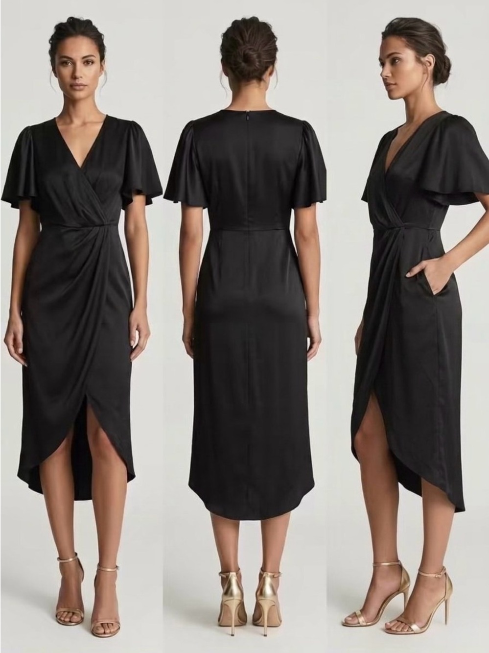 NWT Chelsea28 Black Satin Faux Wrap Pocket Midi Dress Flutter Sleeve M High Low